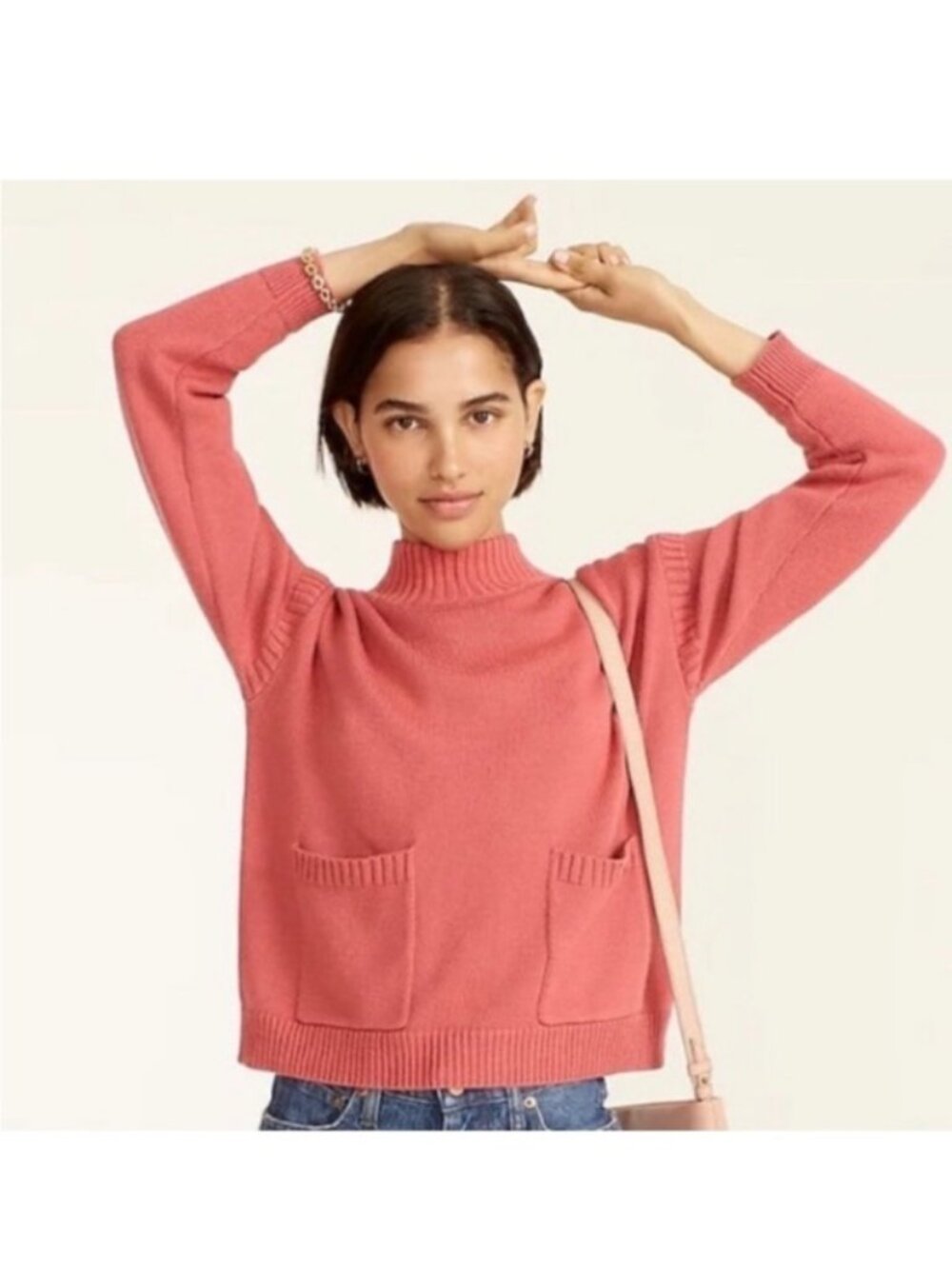 J Crew Cotton Cashmere Patch Pocket Mockneck Sweater Womens Small Pastel Classic